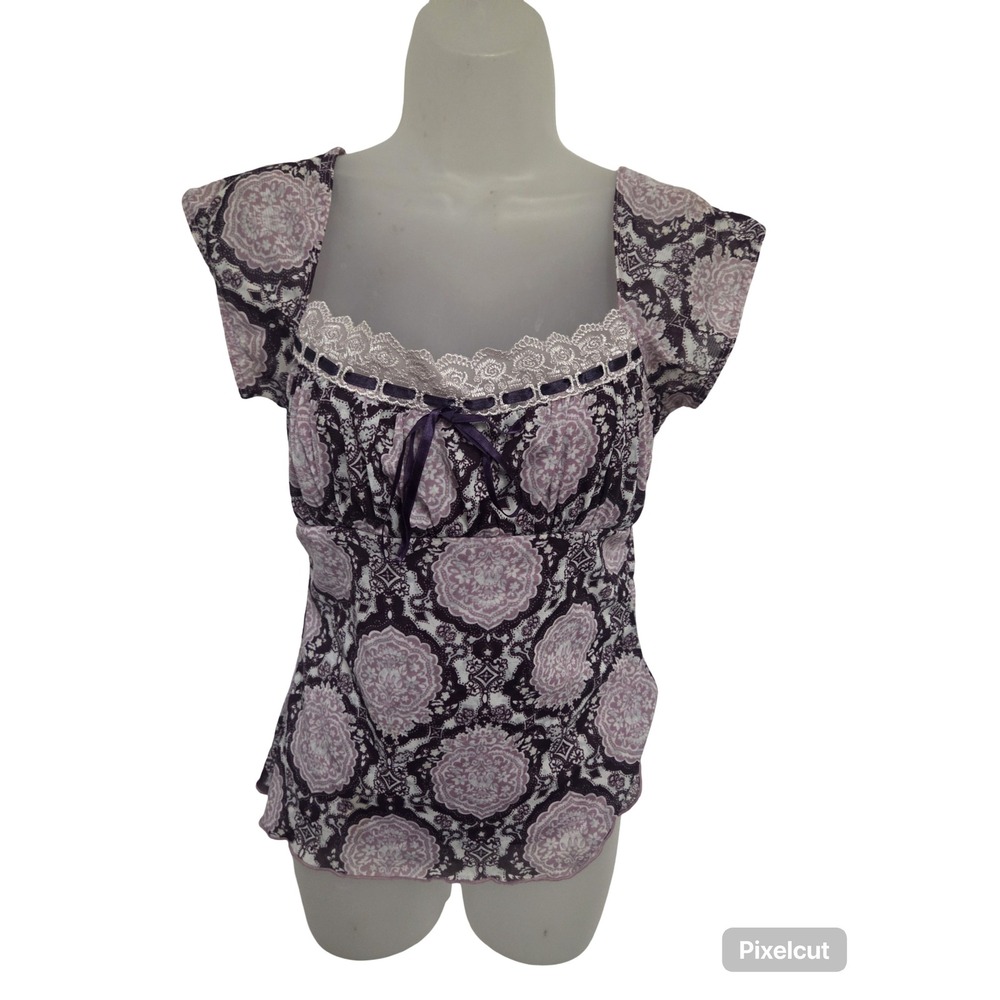Three Pink Hearts Trixie Purple Damask Lace Trim Babydoll Top Medium Y2K Vintage